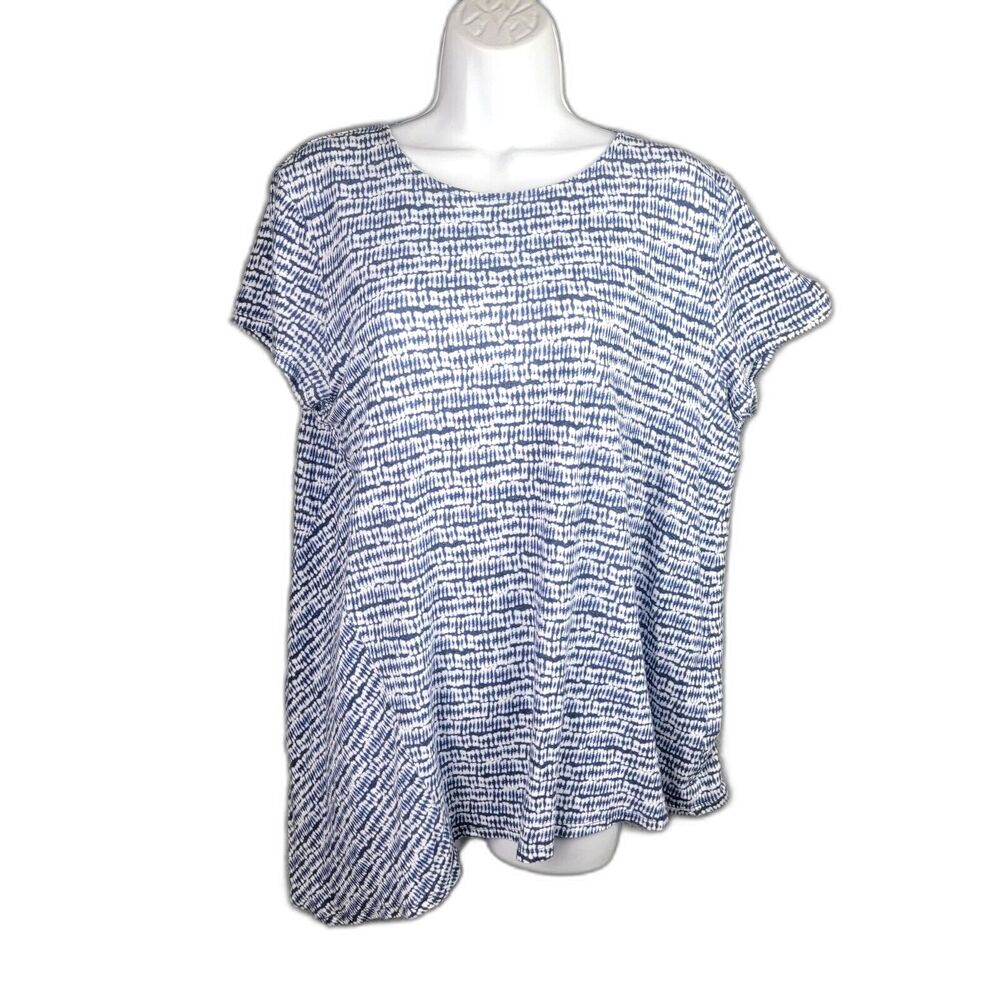 Pure Jill Linen Rayon Top Blue White M Coastal Grandmother Asymmetric Print